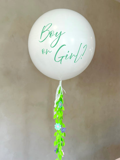 White Neutral Leaves Gender Reveal 24" Balloon With Custom Text And Helium