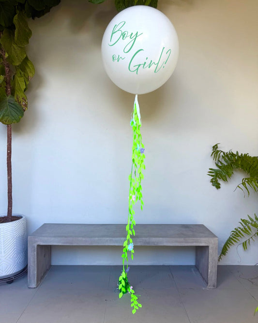 White Neutral Leaves Gender Reveal 24" Balloon With Custom Text And Helium