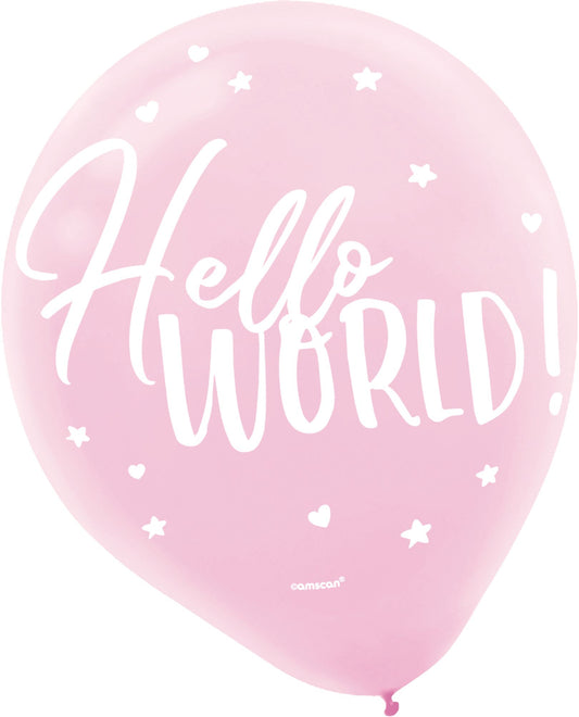 "Hello World" It's A Girl Baby Pink 12" Latex Balloon With Helium