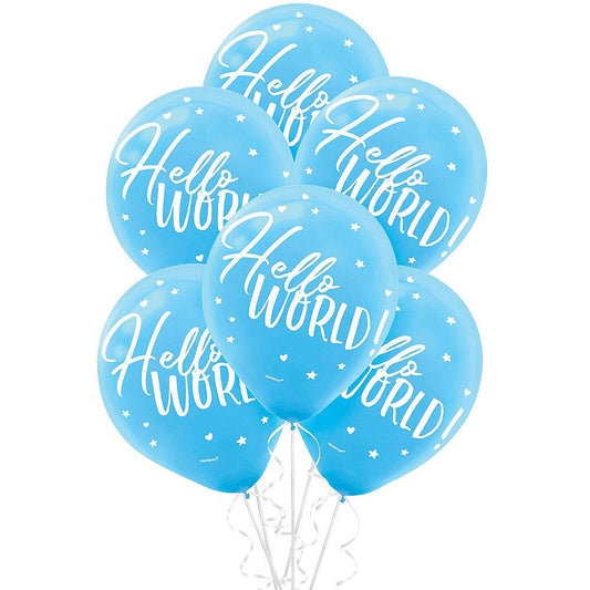 "Hello World" It's A Boy Baby Blue 12" Latex Balloon With Helium