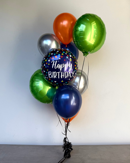 "Happy Birthday" For Him, Blue, Silver and Orange, Green Helium Balloon Bouquet With Weight