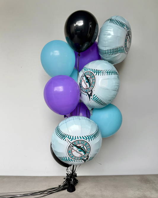 Retro Vintage Florida Marlins Purple, Teal and Black Helium Balloon Bouquet With Weight