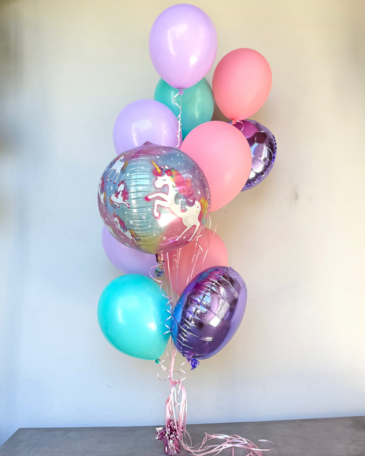 Princess Unicorn Purple Teal and Pink Helium Balloon Bouquet With Weight