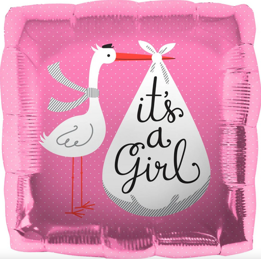 "It's A Girl" Pink Stork Baby Shower Foil Balloon 18" With Helium