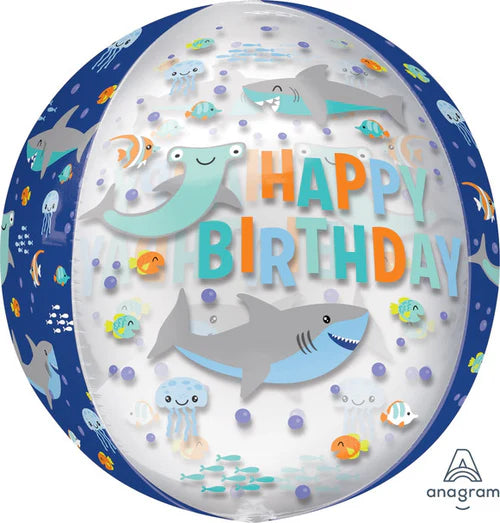 Happy Birthday 24" Globe Shark Aquarium Blue and Clear Foil Balloon With Helium