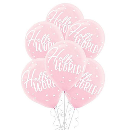 "Hello World" It's A Girl Baby Pink 12" Latex Balloon With Helium